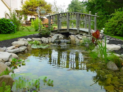 Koi pond with a bridge installed in Rochester New York (NY) by Acorn Ponds