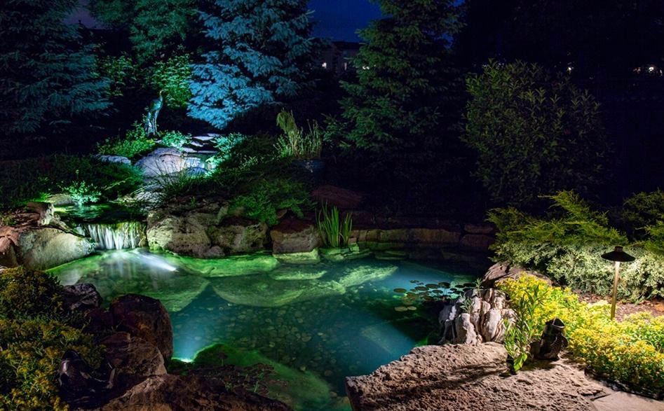 Water Feature Lighting & Outdoor Lighting Installation In Rochester NY By Acorn Ponds & Waterfalls. Image
